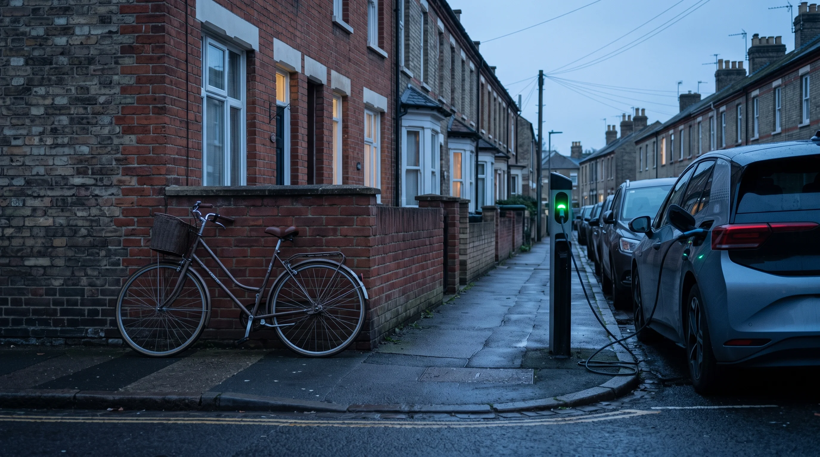 Bicycle leaning against a Victorian brick terrace at dusk while an electric car charges at the kerb, a single green indicator light glowing