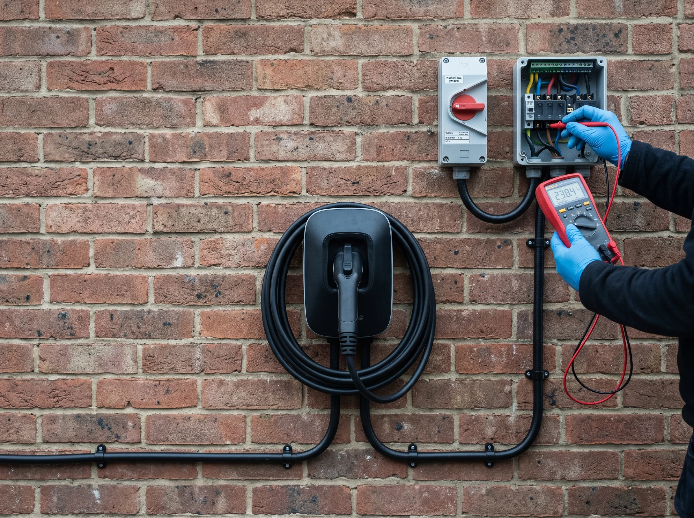 Wall-mounted EV charger with an isolator switch above, a cable run clipped down brickwork, and a hand holding a multimeter mid-reading