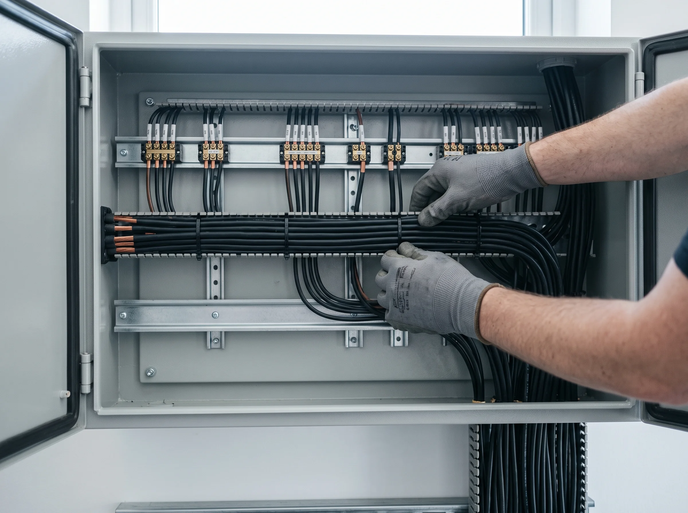 Hands combing electrical cables into neat parallel runs inside an open wiring enclosure