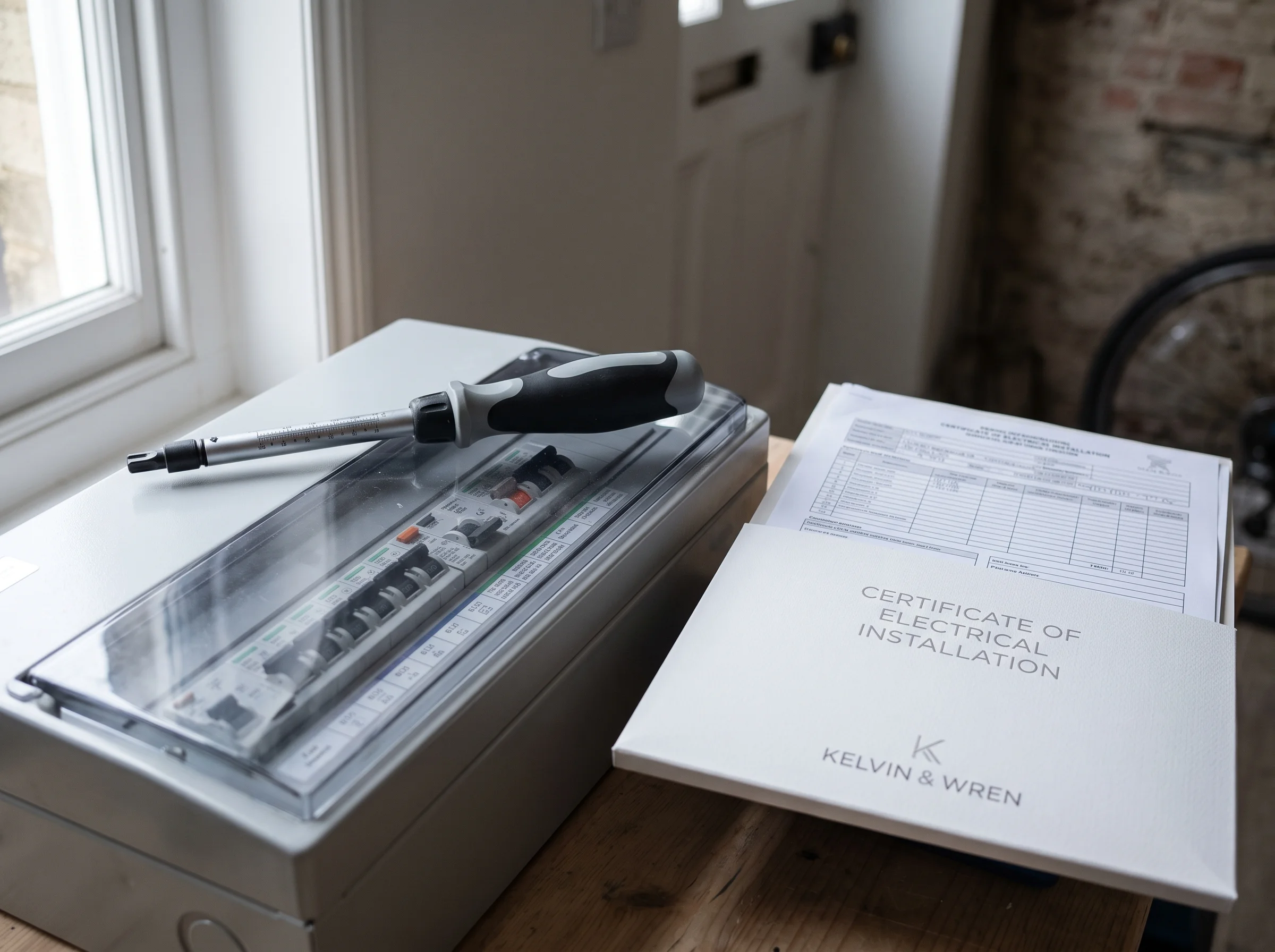 Torque screwdriver resting on a labelled consumer unit lid beside a printed certificate folder
