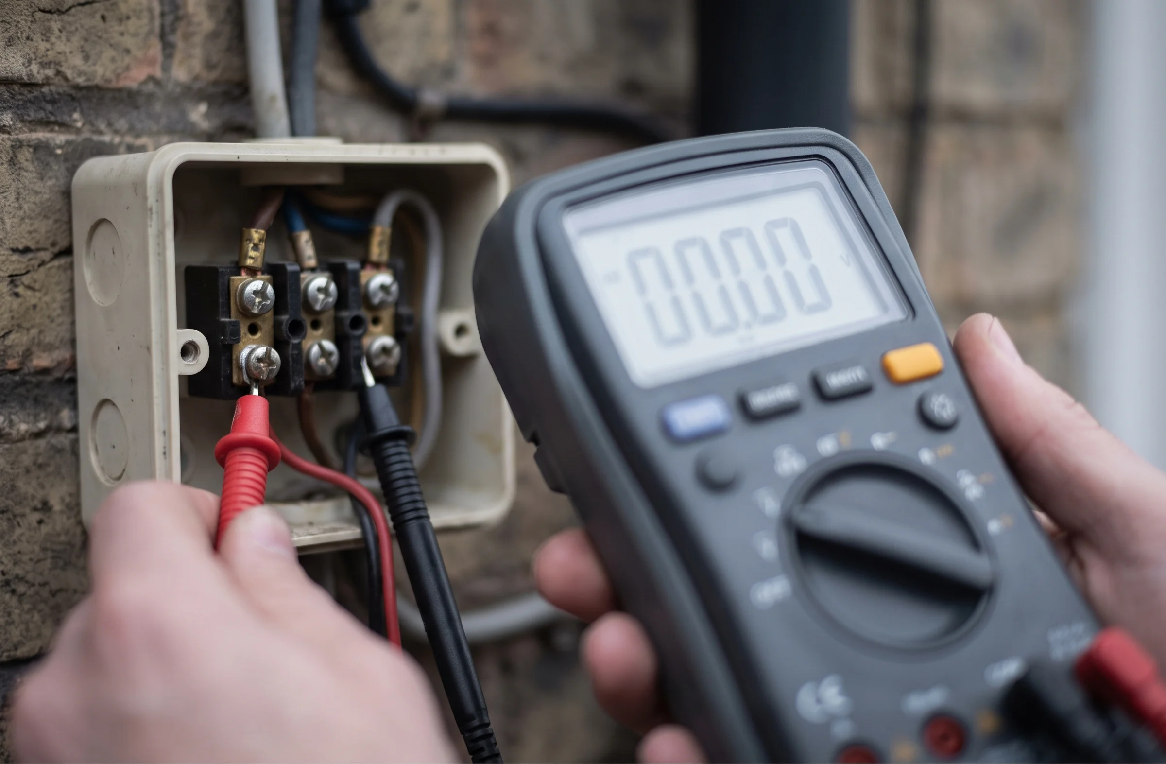 Professional multimeter taking a reading with probes on circuit terminals, digital display in focus