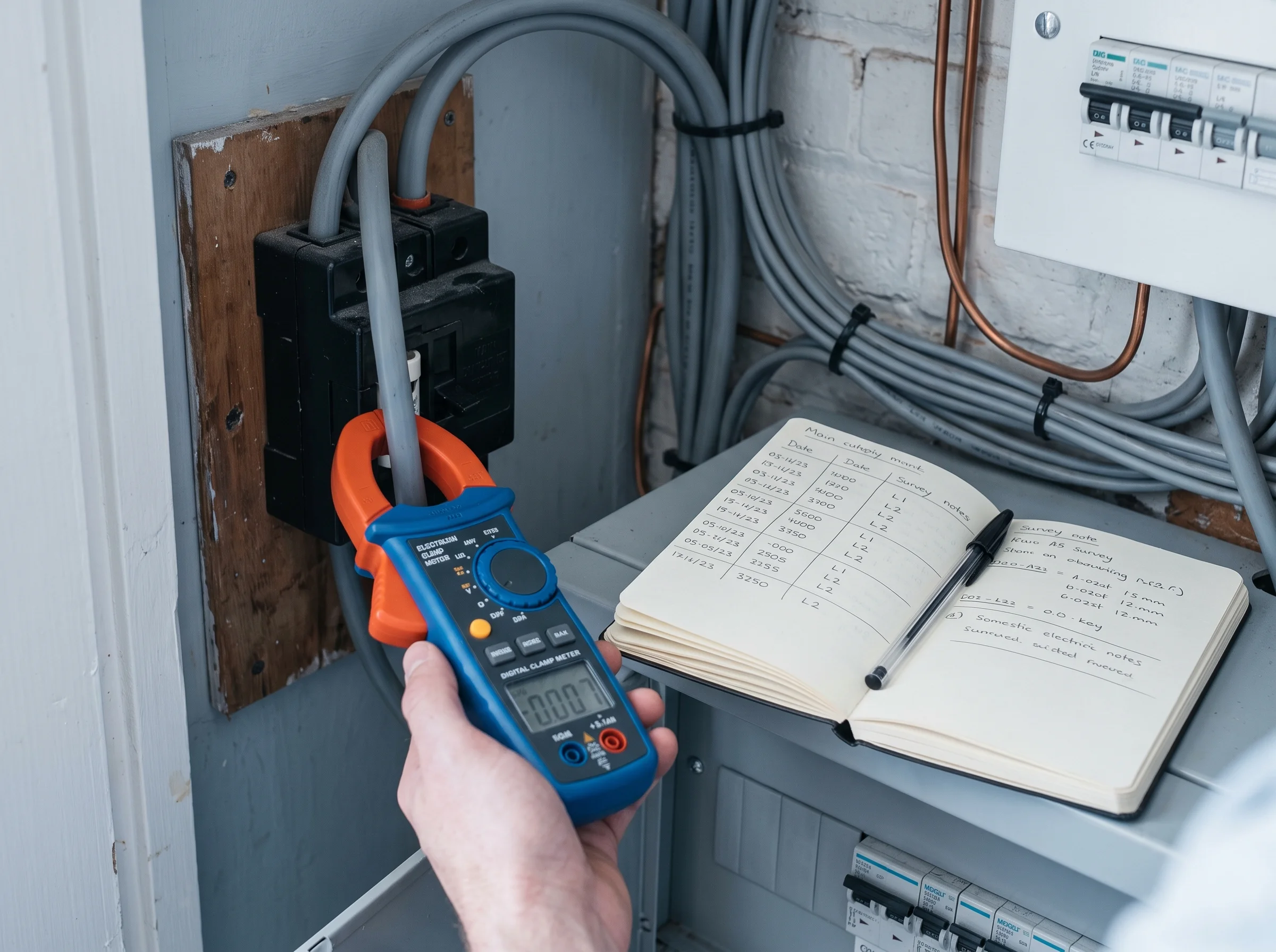 Clamp meter around an incoming supply cable beside an electricity meter, with a notebook of readings nearby