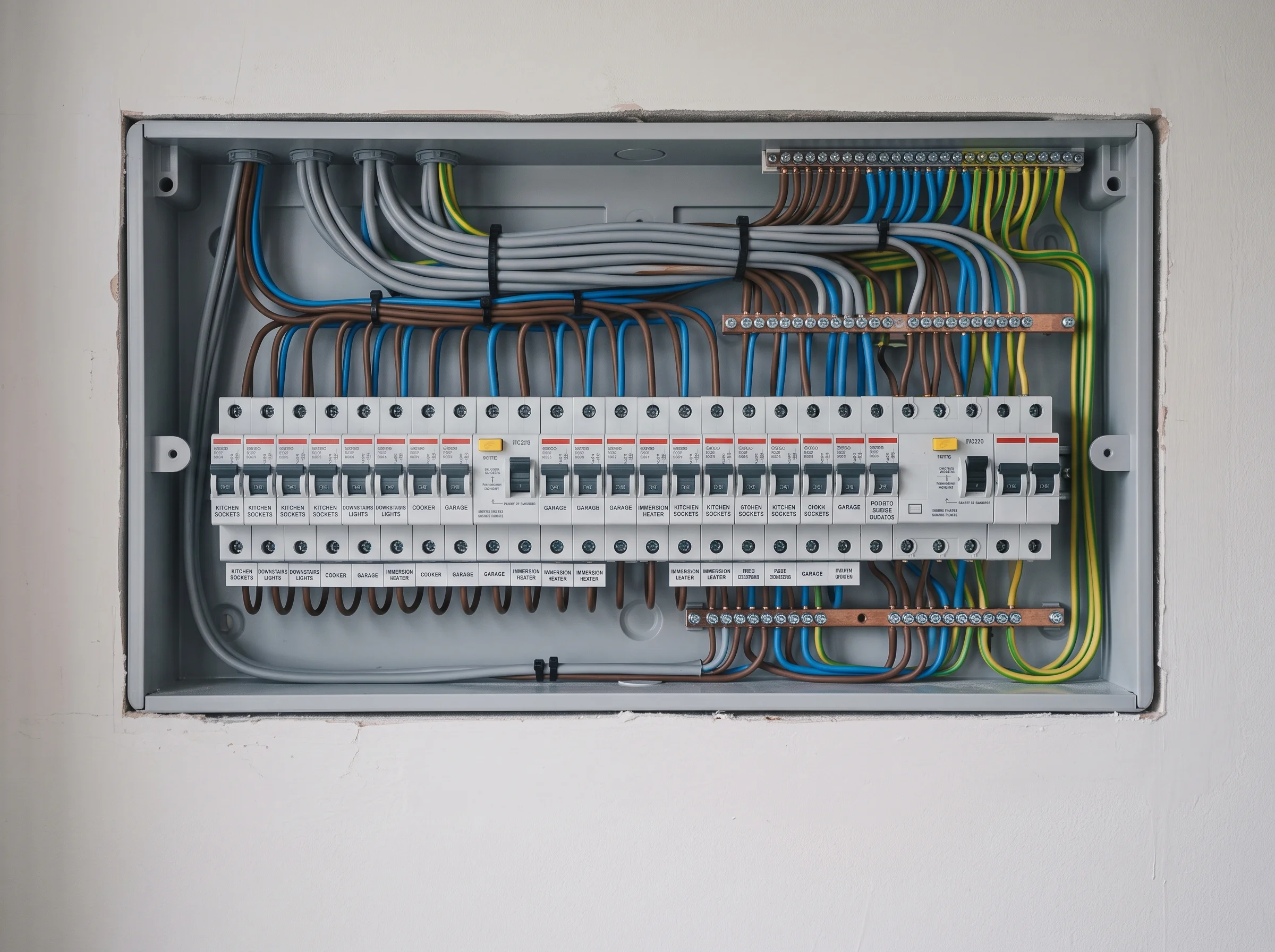 Open consumer unit with cables combed into parallel runs and a printed label beneath every circuit breaker